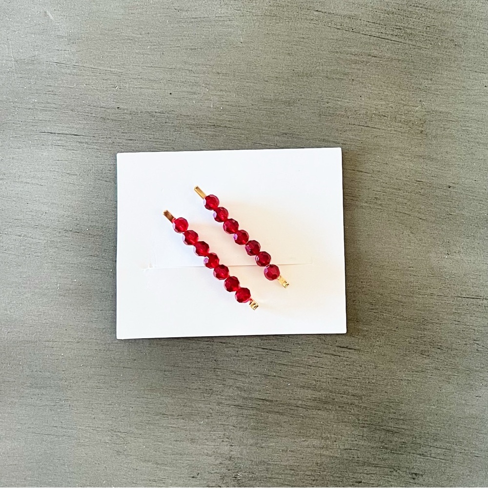 Red Cherry Faceted Bead Glass Fall Winter Christmas 2.5" Two 2 Bobby Pins Set